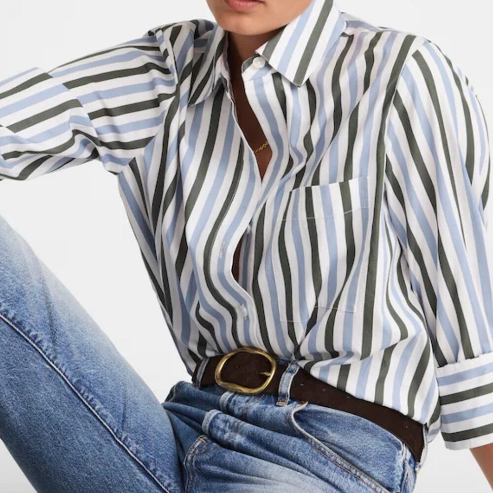 MADEWELL Easy Y Neck Blue Green White Striped Button-Down Size S